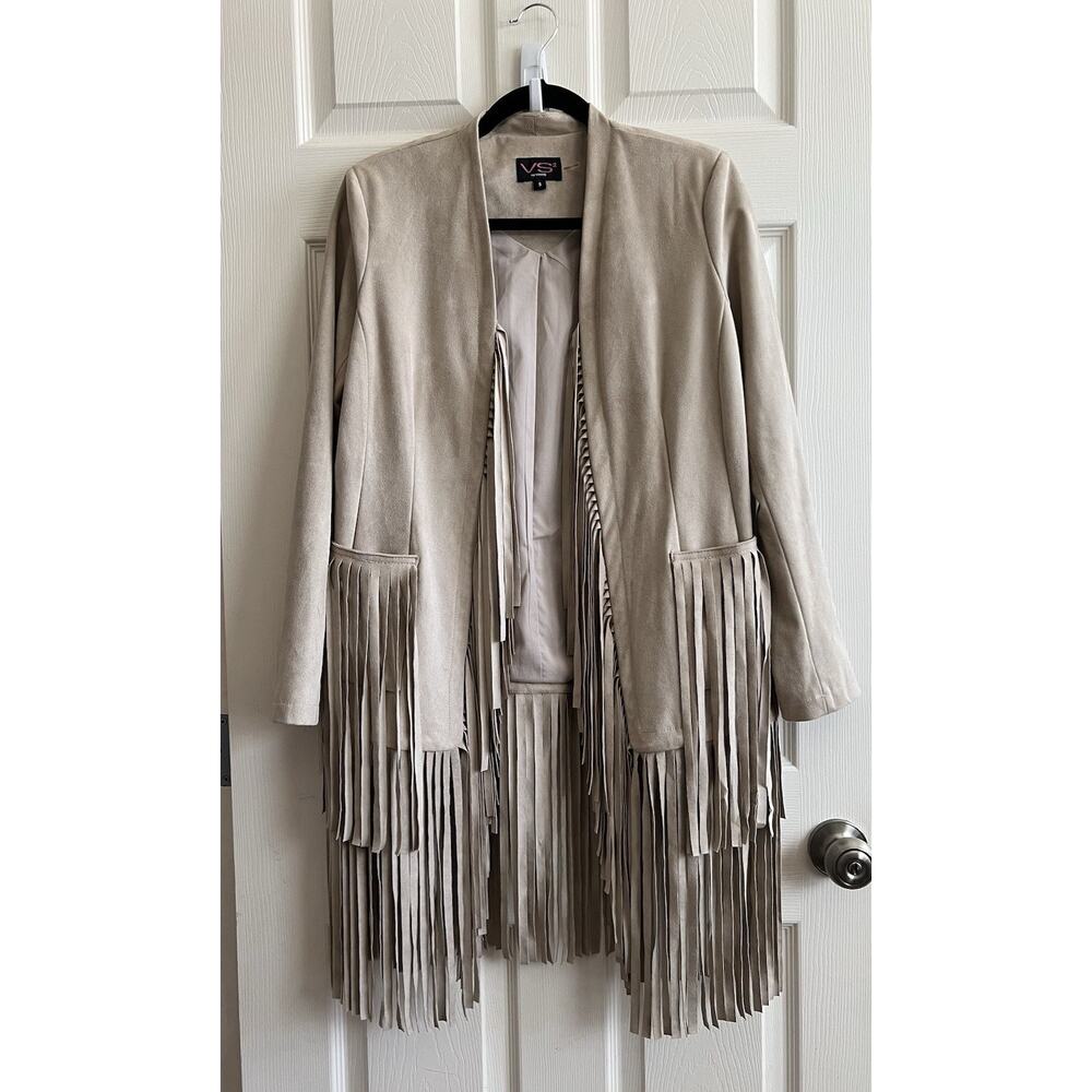 VS2 BY VAKKO Women's Faux Suede Fringe Open Cardigan Jacket Sz S Western Boho